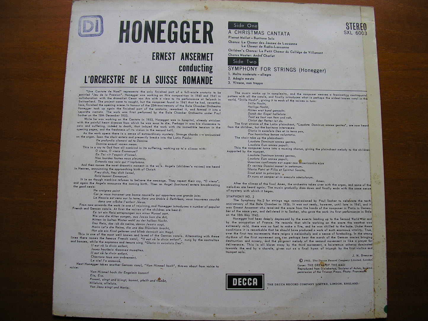 HONEGGER:  A CHRISTMAS CANTATA /SYMPHONY FOR STRINGS     ANSERMET / SUISSE ROMANDE    SXL 6003