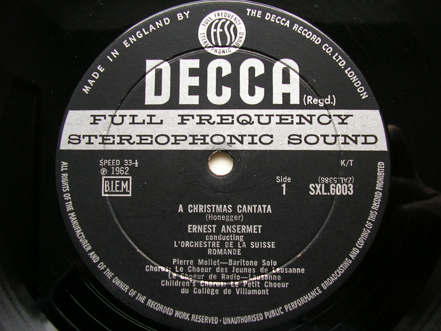 HONEGGER:  A CHRISTMAS CANTATA /SYMPHONY FOR STRINGS     ANSERMET / SUISSE ROMANDE    SXL 6003