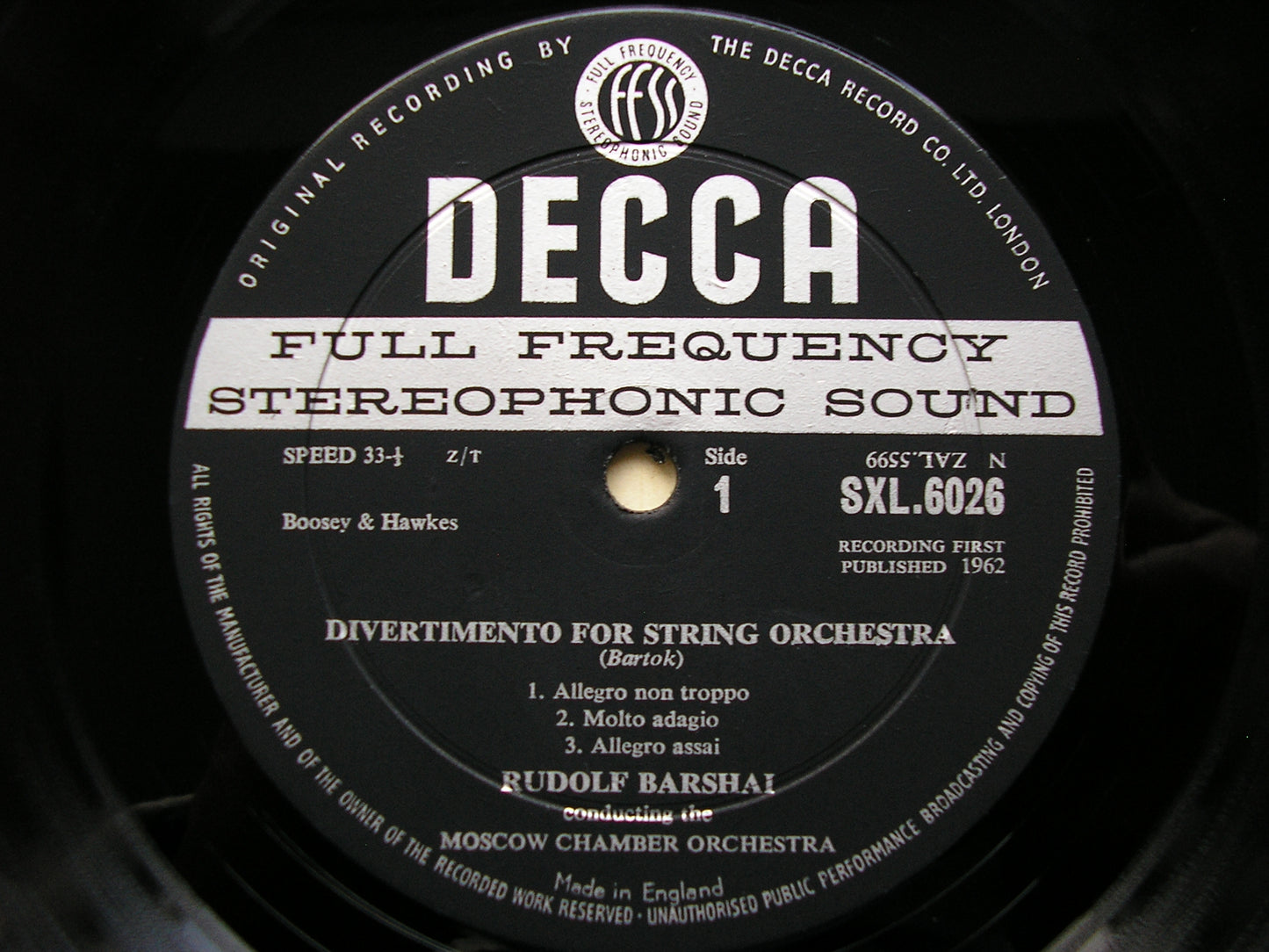 SXL 6026  BARTOK: DIVERTIMENTO / VIVALDI: CONCERTI GROSSI Nos. 10 & 11    BARSHAI / MOSCOW CHAMBER ORCHESTRA    ED1