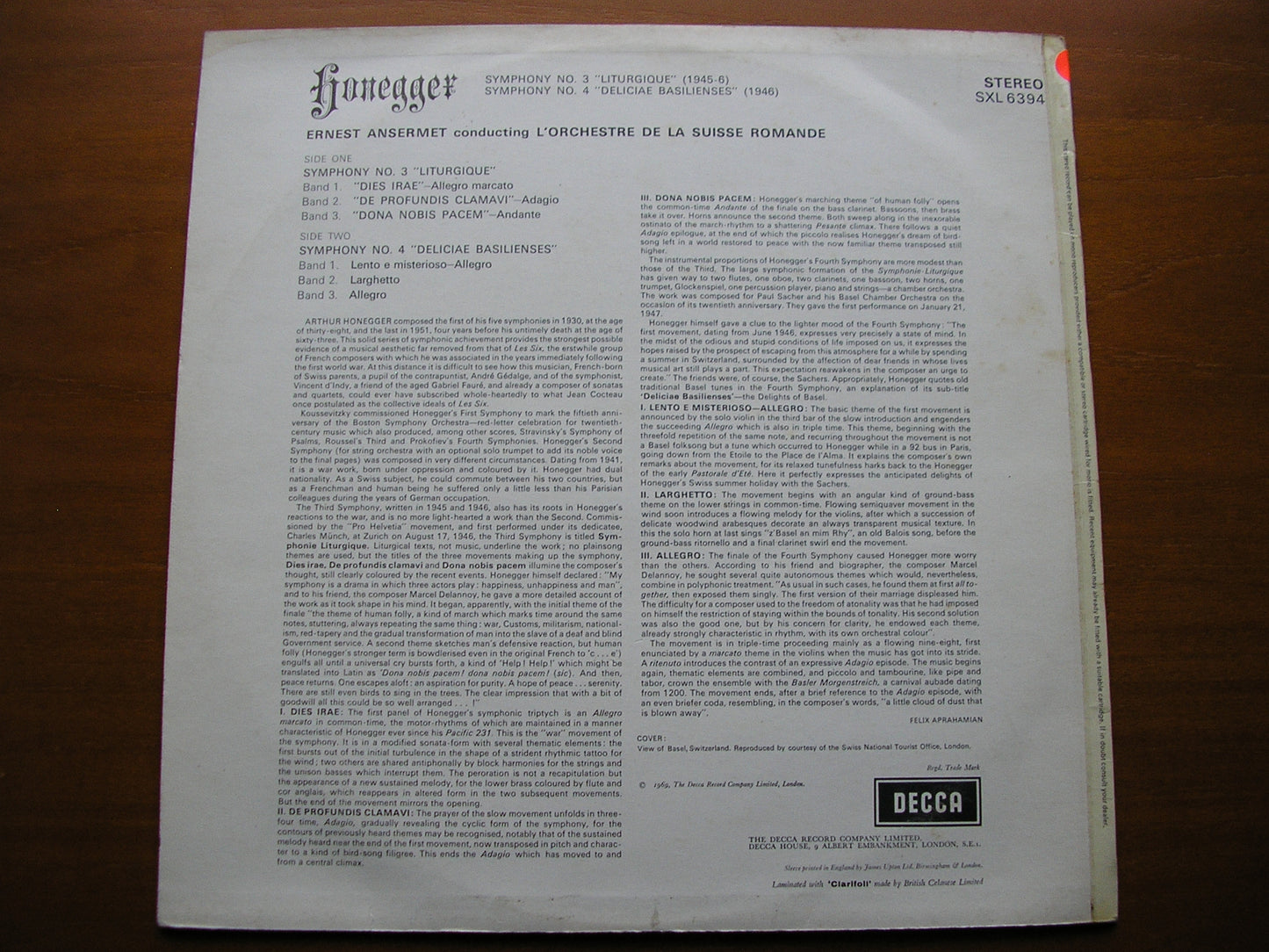 HONEGGER: SYMPHONIES Nos. 3 & 4      ANSERMET / SUISSE ROMANDE     SXL 6394