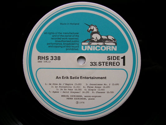 AN ERIK SATIE ENTERTAINMENT: SONGS & PIANO MUSIC     MERIEL & PETER DICKINSON    RHS 338