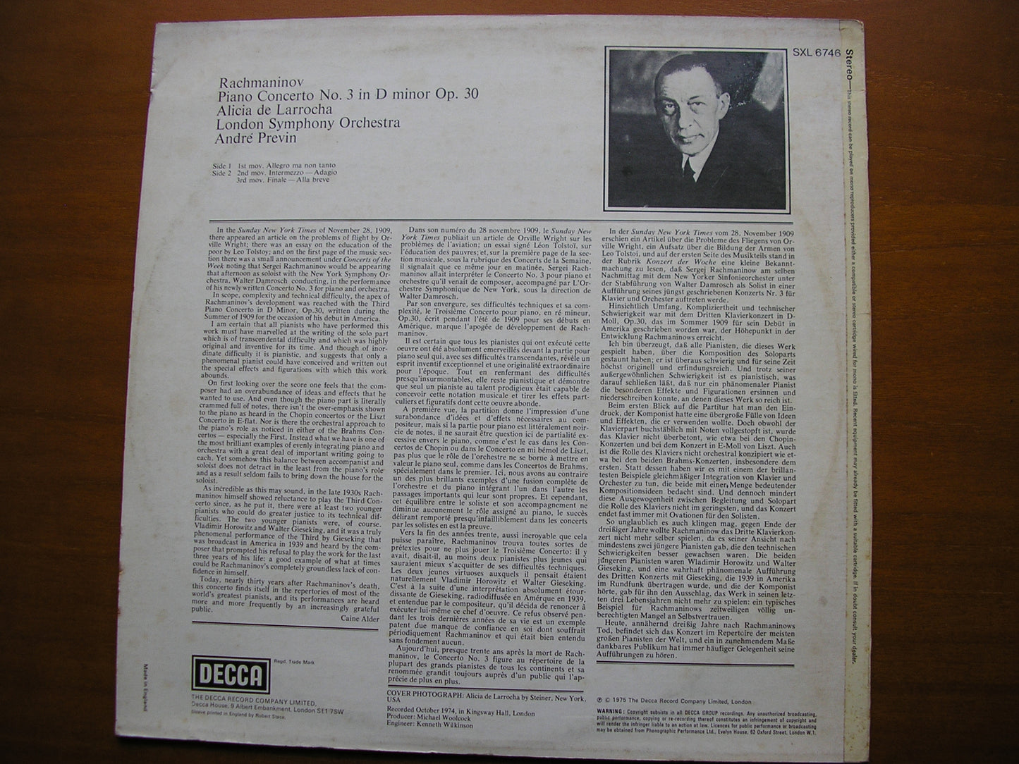 RACHMANINOV: PIANO CONCERTO No. 3     DE LARROCHA / LONDON SYMPHONY / PREVIN     SXL 6746