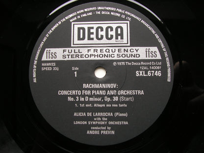 RACHMANINOV: PIANO CONCERTO No. 3     DE LARROCHA / LONDON SYMPHONY / PREVIN     SXL 6746