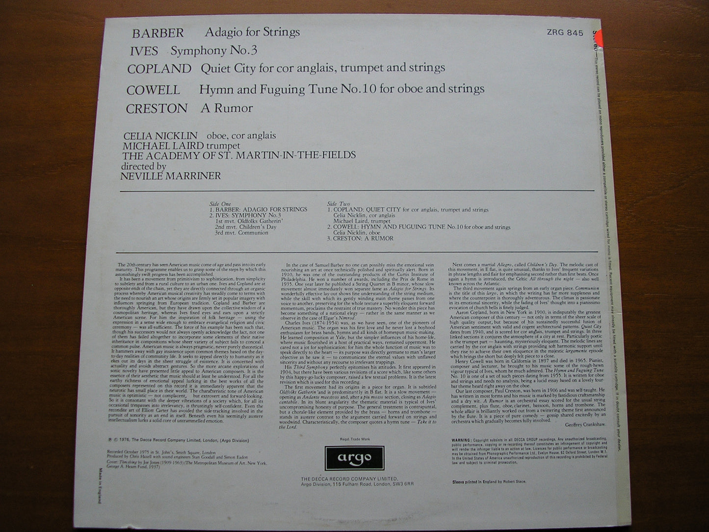 BARBER / IVES / COPLAND / COWELL / CRESTON: ORCHESTRAL MUSIC    MARRINER / ASMIF   test pressing    ZRG 845