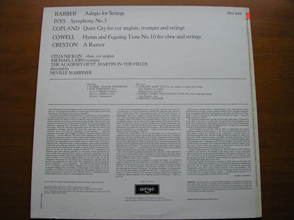 BARBER / IVES / COPLAND / COWELL / CRESTON: ORCHESTRAL MUSIC    MARRINER / ASMIF   test pressing    ZRG 845