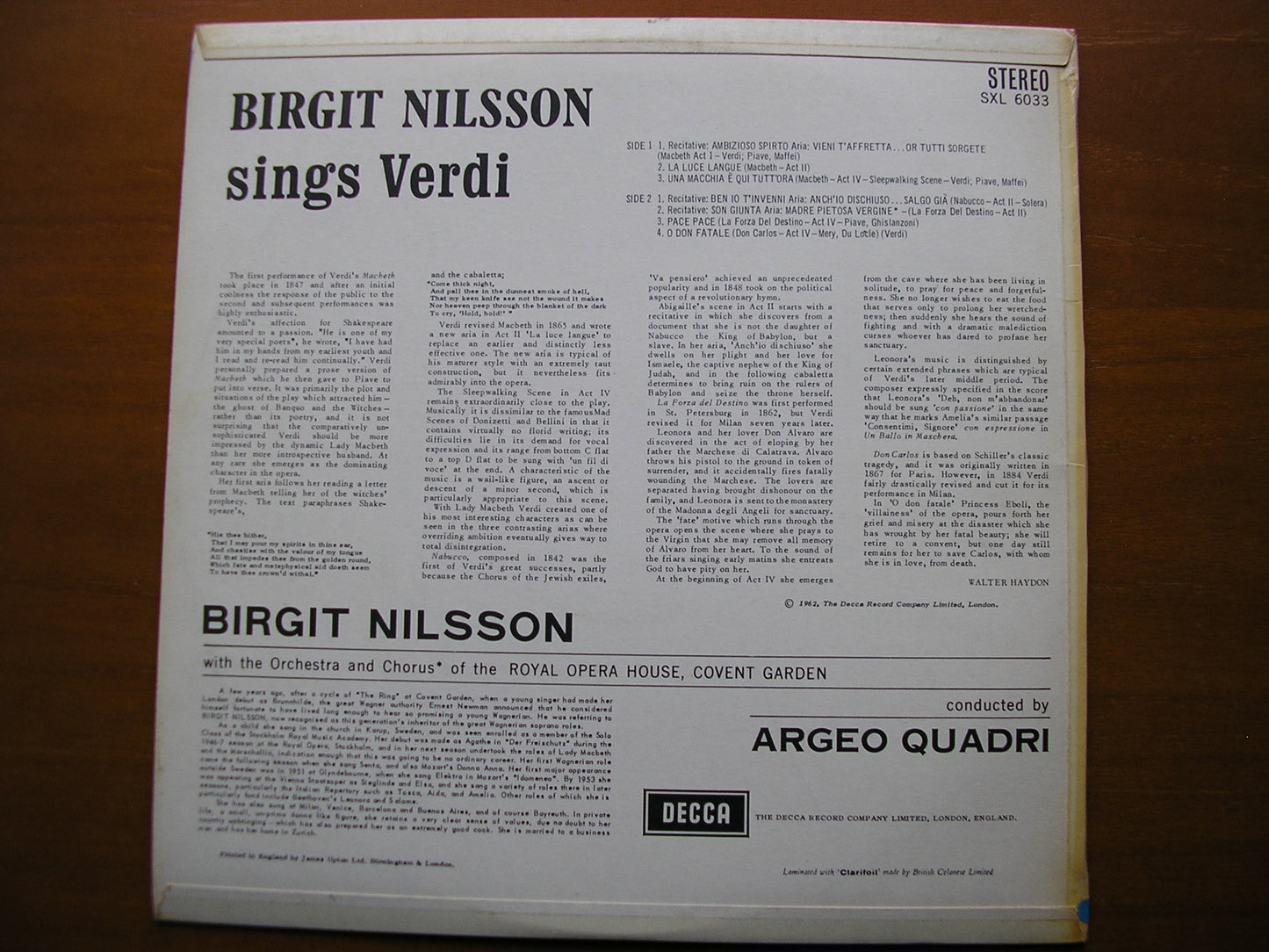 SXL 6033  VERDI: OPERA ARIAS      BIRGIT NILSSON / OROHCG / ARGEO QUADRI      ED1