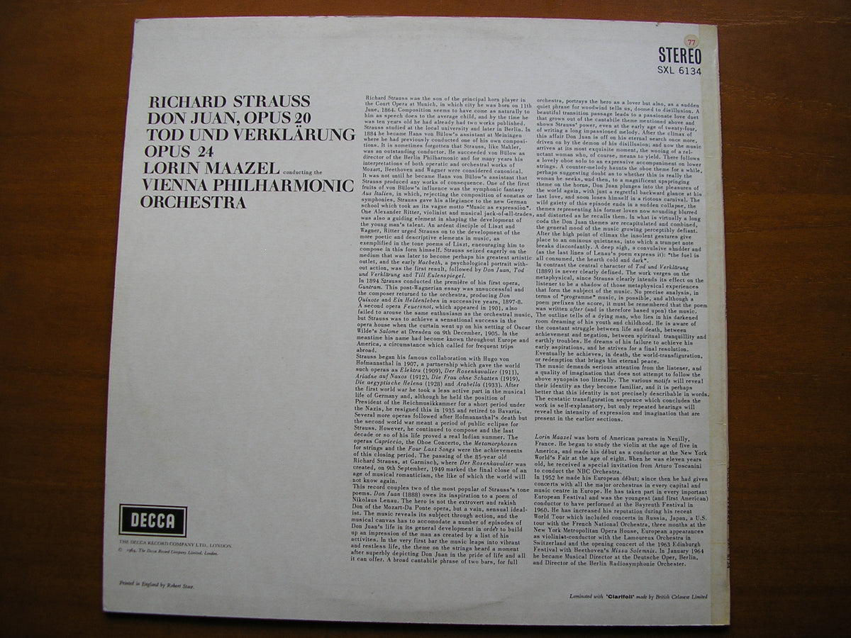 STRAUSS: DON JUAN / TOD UND VERKLARUNG       MAAZEL / VIENNA PHILHARMONIC       SXL 6134
