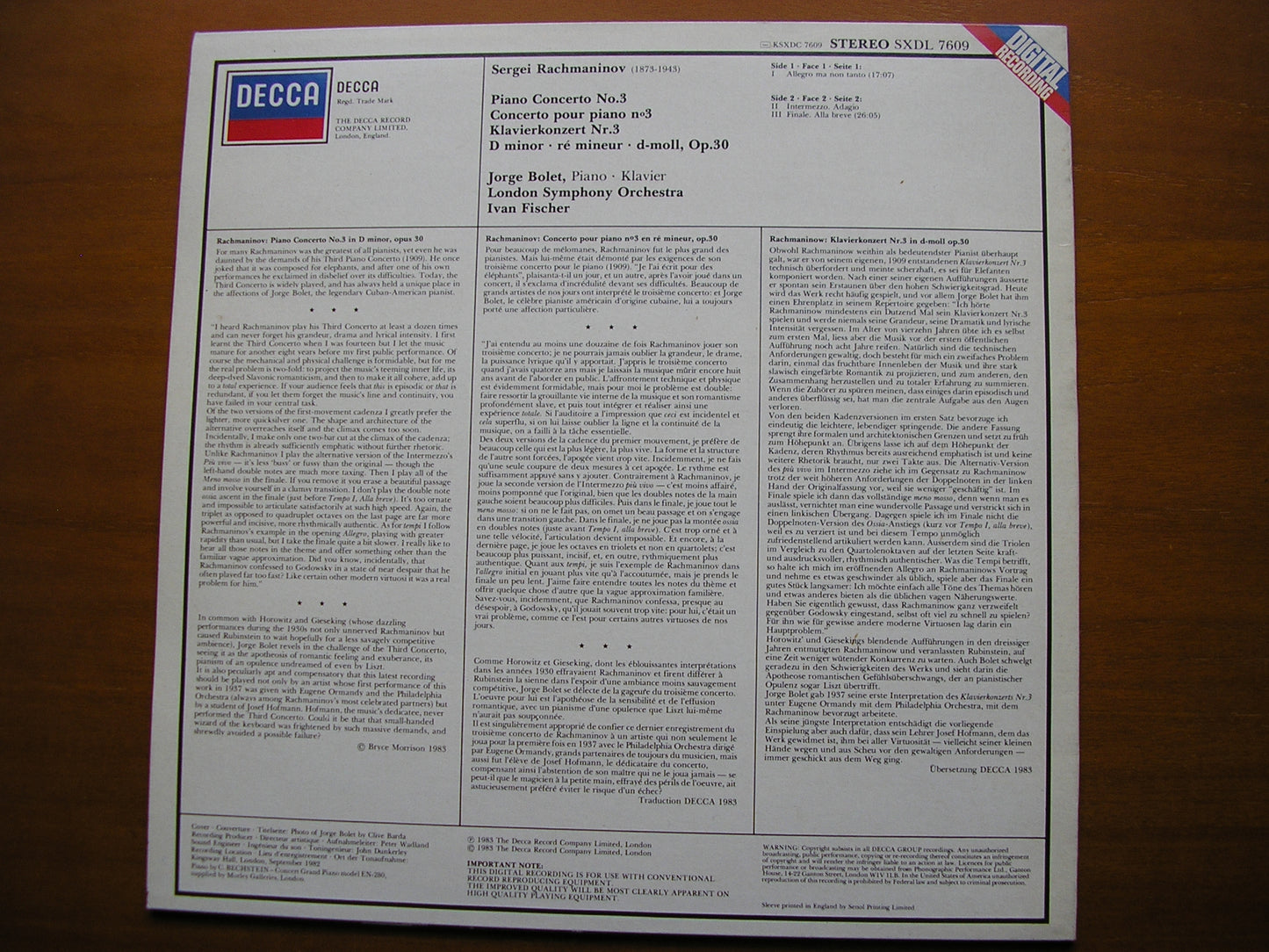RACHMANINOV: PIANO CONCERTO No. 3      BOLET / LONDON SYMPHONY / FISCHER    SXDL 7609