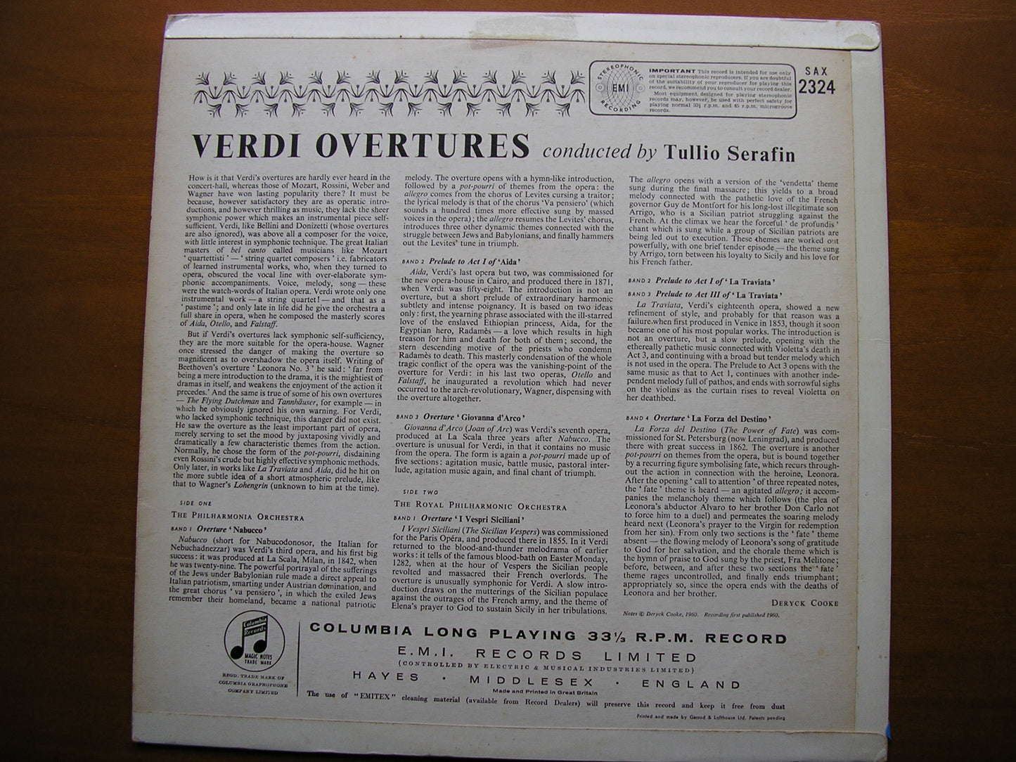 VERDI: OVERTURES      SERAFIN / PHILHARMONIA ORCHESTRA / ROYAL PHILHARMONIC     SAX 2324