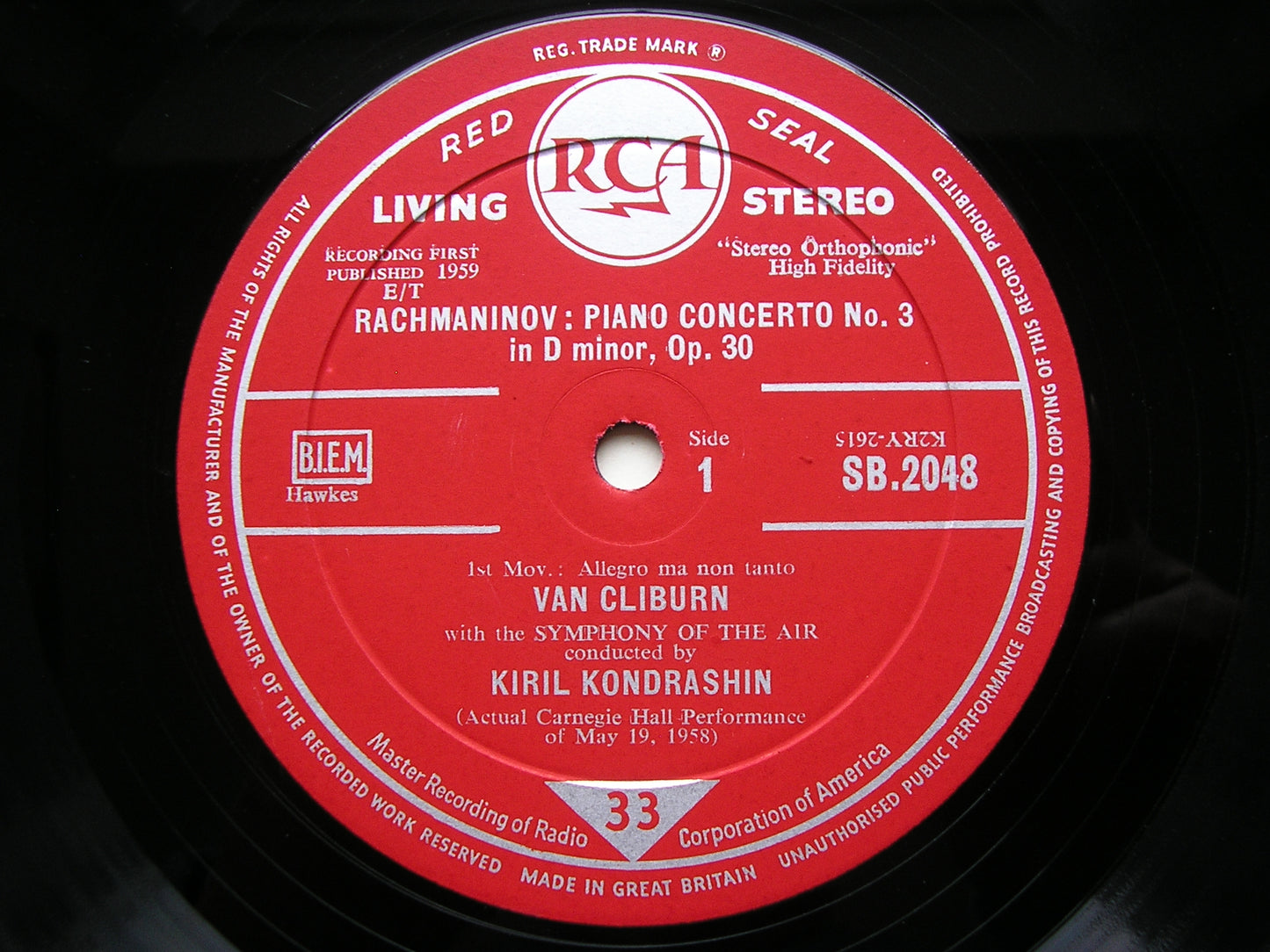 RACHMANINOV: PIANO CONCERTO No. 3      VAN CLIBURN / SYMPHONY OF THE AIR / KONDRASHIN     SB 2048