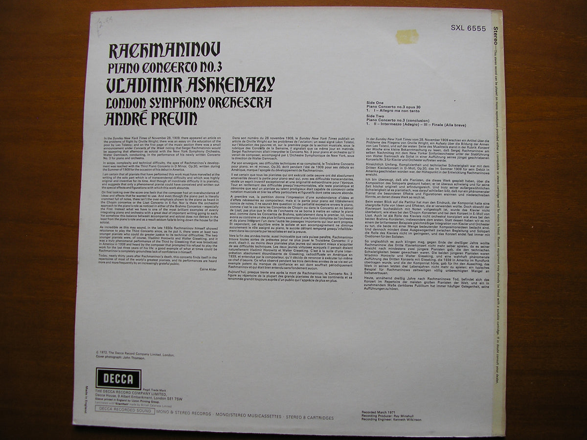 RACHMANINOV: PIANO CONCERTO No. 3      ASHKENAZY / LONDON SYMPHONY / PREVIN     SXL 6555
