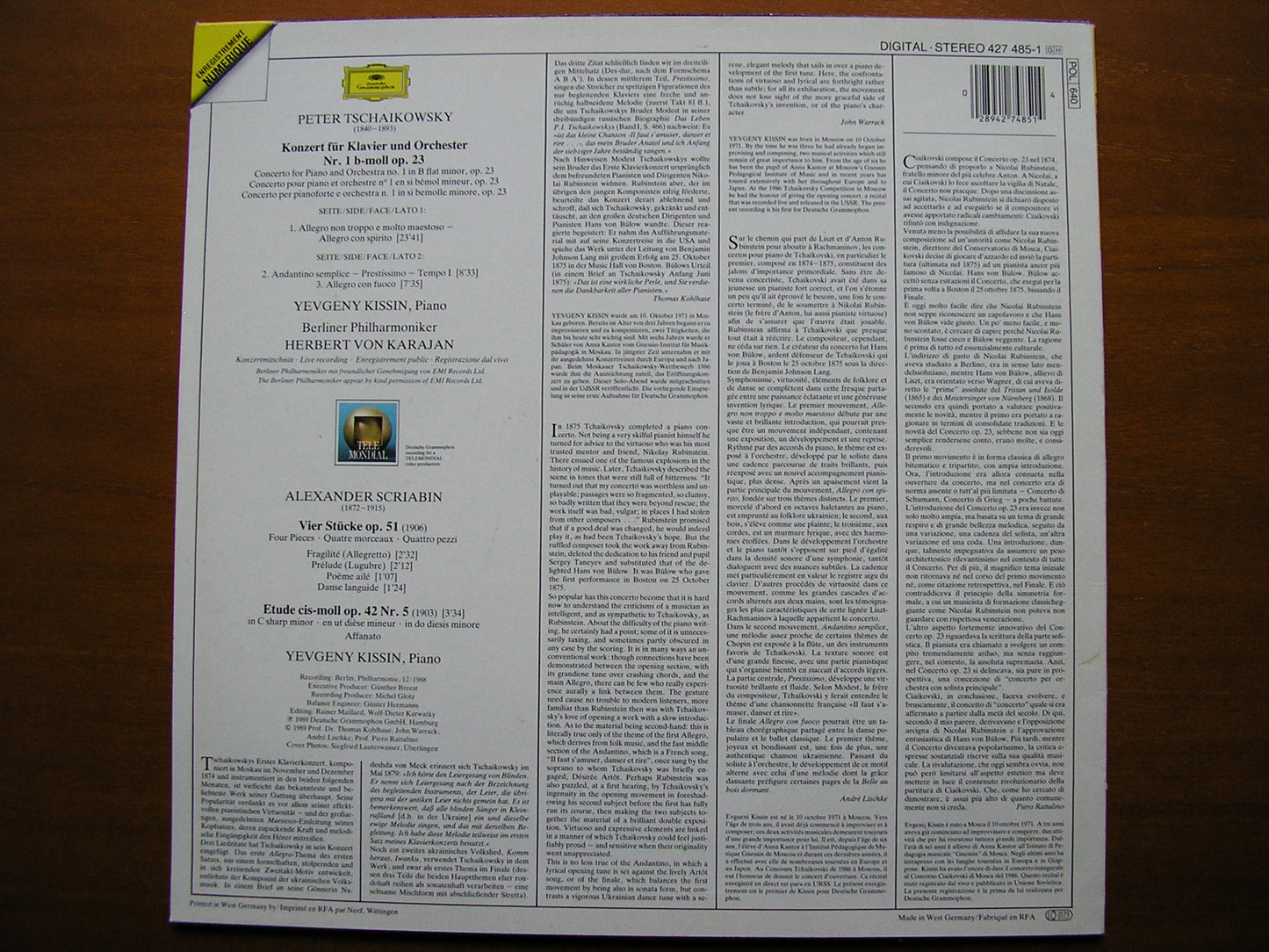 TCHAIKOVSKY: PIANO CONCERTO No. 1      KISSIN / BERLIN PHILHARMONIC / KARAJAN    427 485