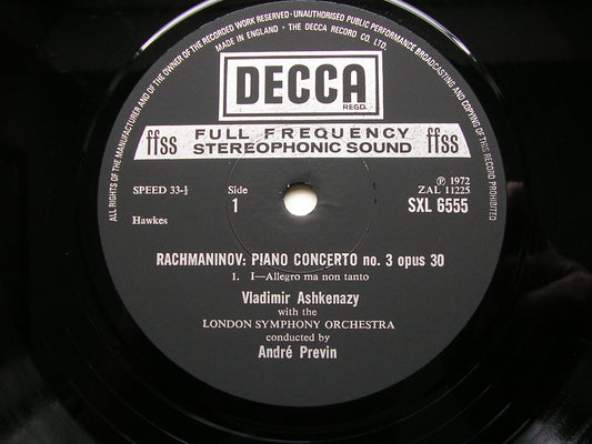 RACHMANINOV: PIANO CONCERTO No. 3      ASHKENAZY / LONDON SYMPHONY / PREVIN     SXL 6555