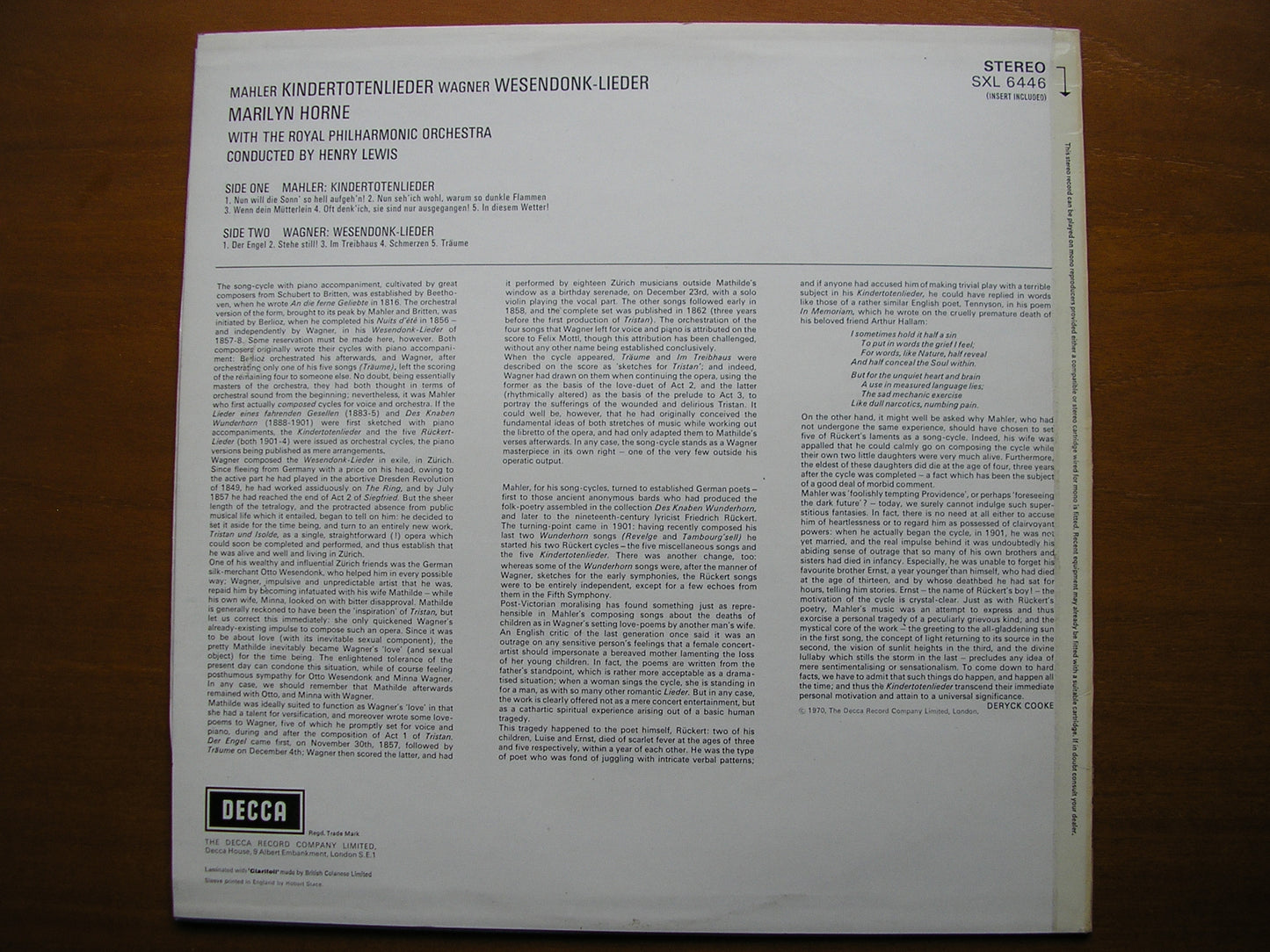 SXL 6446 MAHLER: KINDERTOTENLIEDER / WAGNER: WESENDONK LIEDER     HORNE / ROYAL PHILHARMONIC / LEWIS    ED4