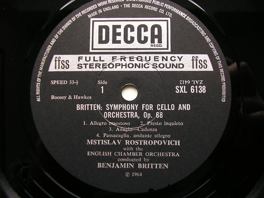 BRITTEN: CELLO SYMPHONY / HAYDN: CELLO CONCERTO in C      ROSTROPOVICH / ENGLISH CHAMBER ORCHESTRA / BRITTEN    SXL 6138