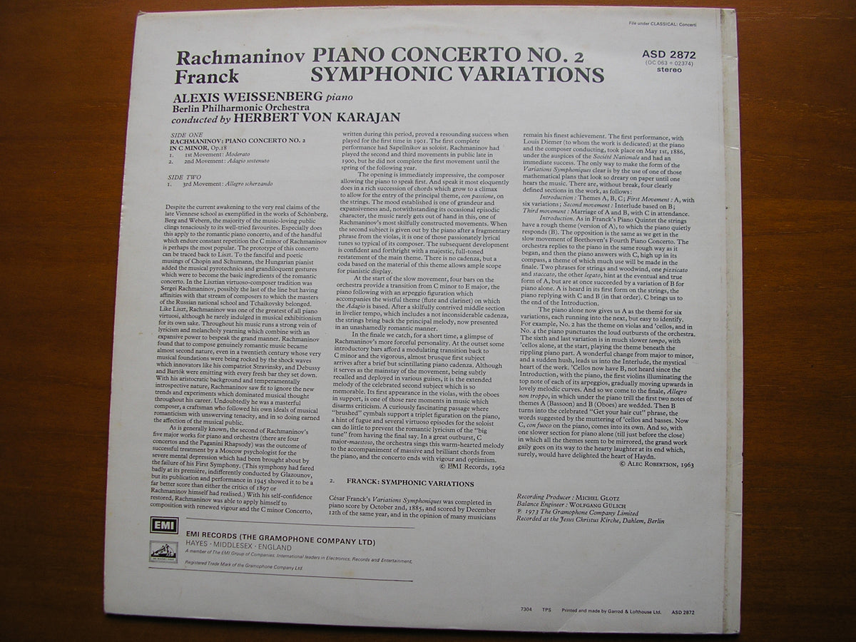 RACHMANINOV: PIANO CONCERTO No. 2 / FRANCK: SYMPHONIC VARIATIONS    WEISSENBERG / BPO / KARAJAN     ASD 2872     ASHKENAZY / MOSCOW PHILHARMONIC / KONDRASHIN      SXL 6099
