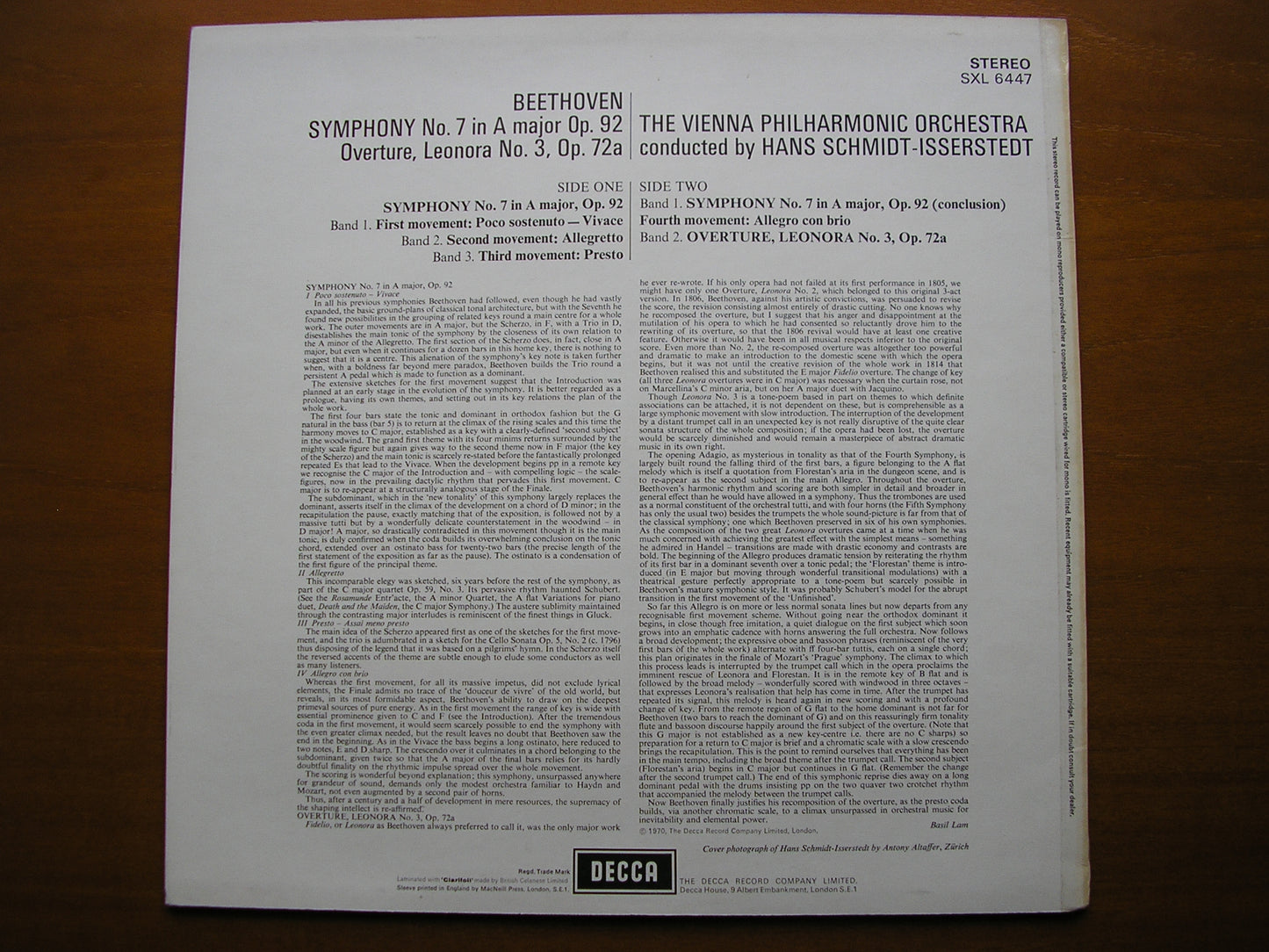 SXL 6447 BEETHOVEN: SYMPHONY No. 7 / OVERTURE Leonora No. 3     SCHMIDT-ISSERSTEDT / VIENNA PHILHARMONIC     ED4