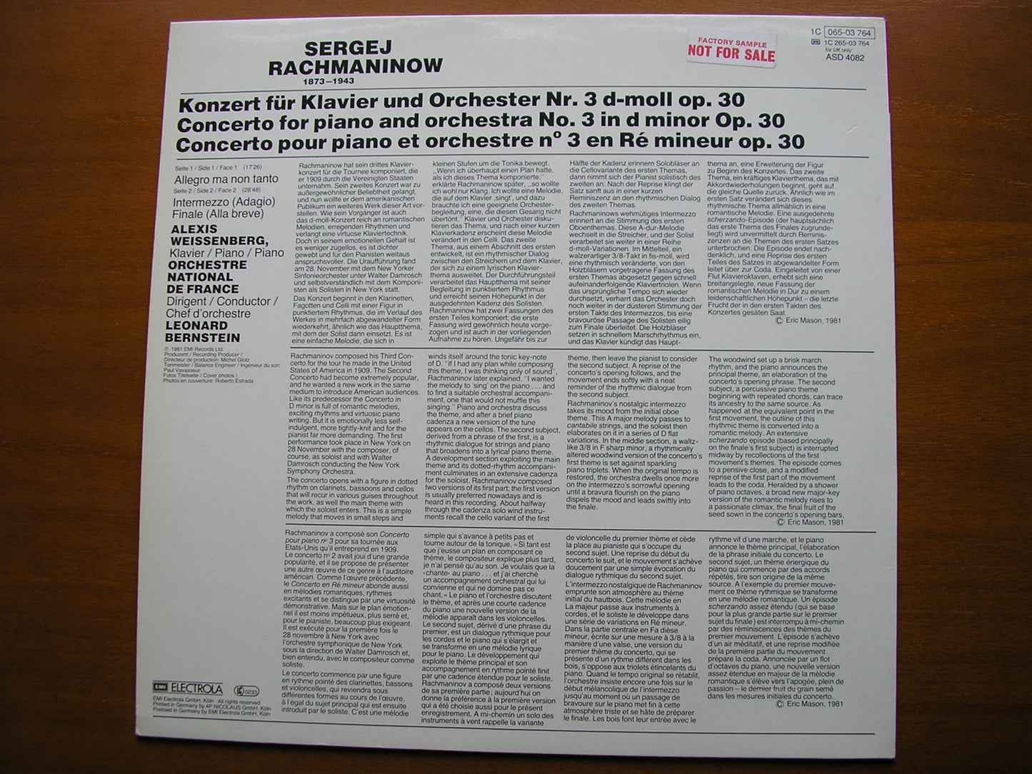 RACHMANINOV: PIANO CONCERTO No. 3      WEISSENBERG / FRENCH NATIONAL ORCHESTRA / BERNSTEIN     ASD 4082