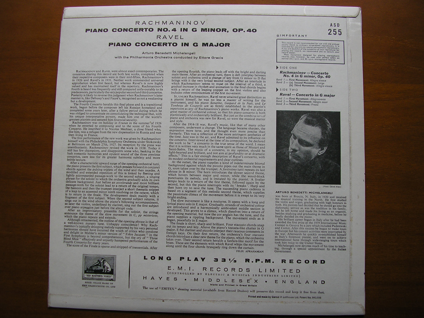 RACHMANINOV: PIANO CONCERTO No. 4 / RAVEL: CONCERTO in G      MICHELANGELI / PHILHARMONIA / GRACIS     ASD 255