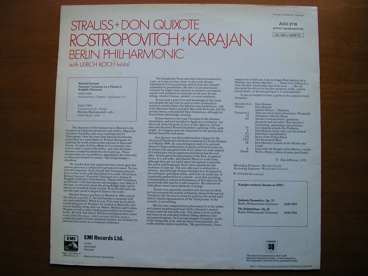 STRAUSS: DON QUIXOTE      ROSTROPOVICH / BERLIN PHILHARMONIC / KARAJAN      ASD 3118