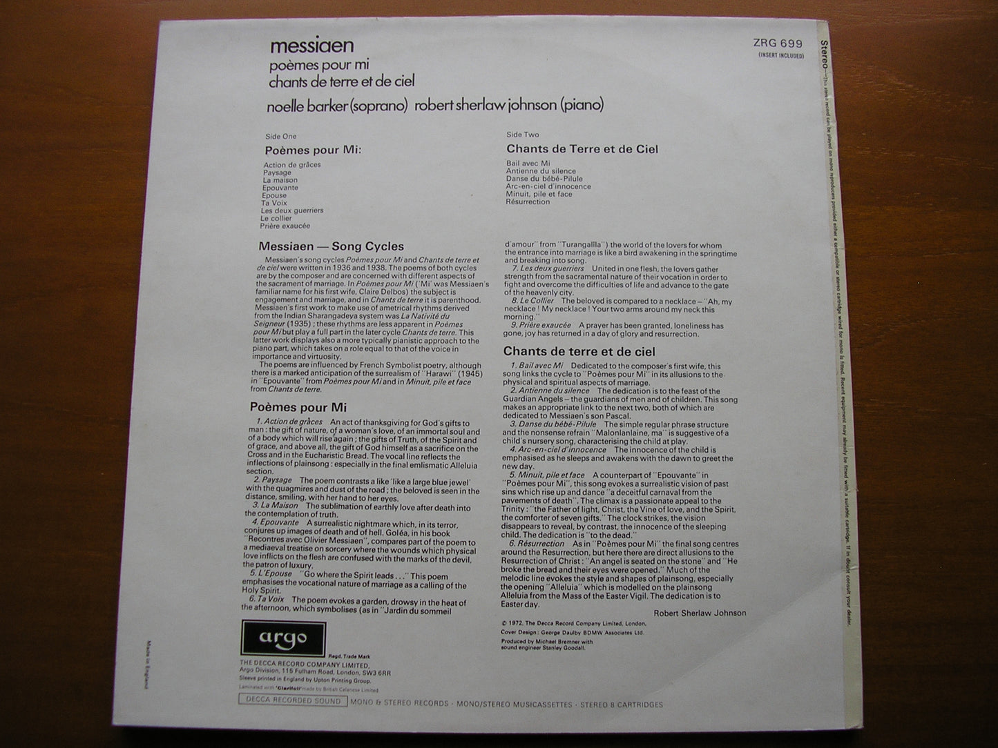 MESSIAEN: POEMES POUR MI / CHANTS DE TERRE ET DE CIEL      NOELLE BARKER / ROBERT SHERLAW JOHNSON      ZRG 699