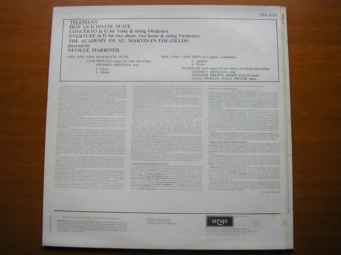 TELEMANN: DON QUICHOTTE Suite / VIOLA CONCERTO / OVERTURE    MARRINER / ASMIF    ZRG 836