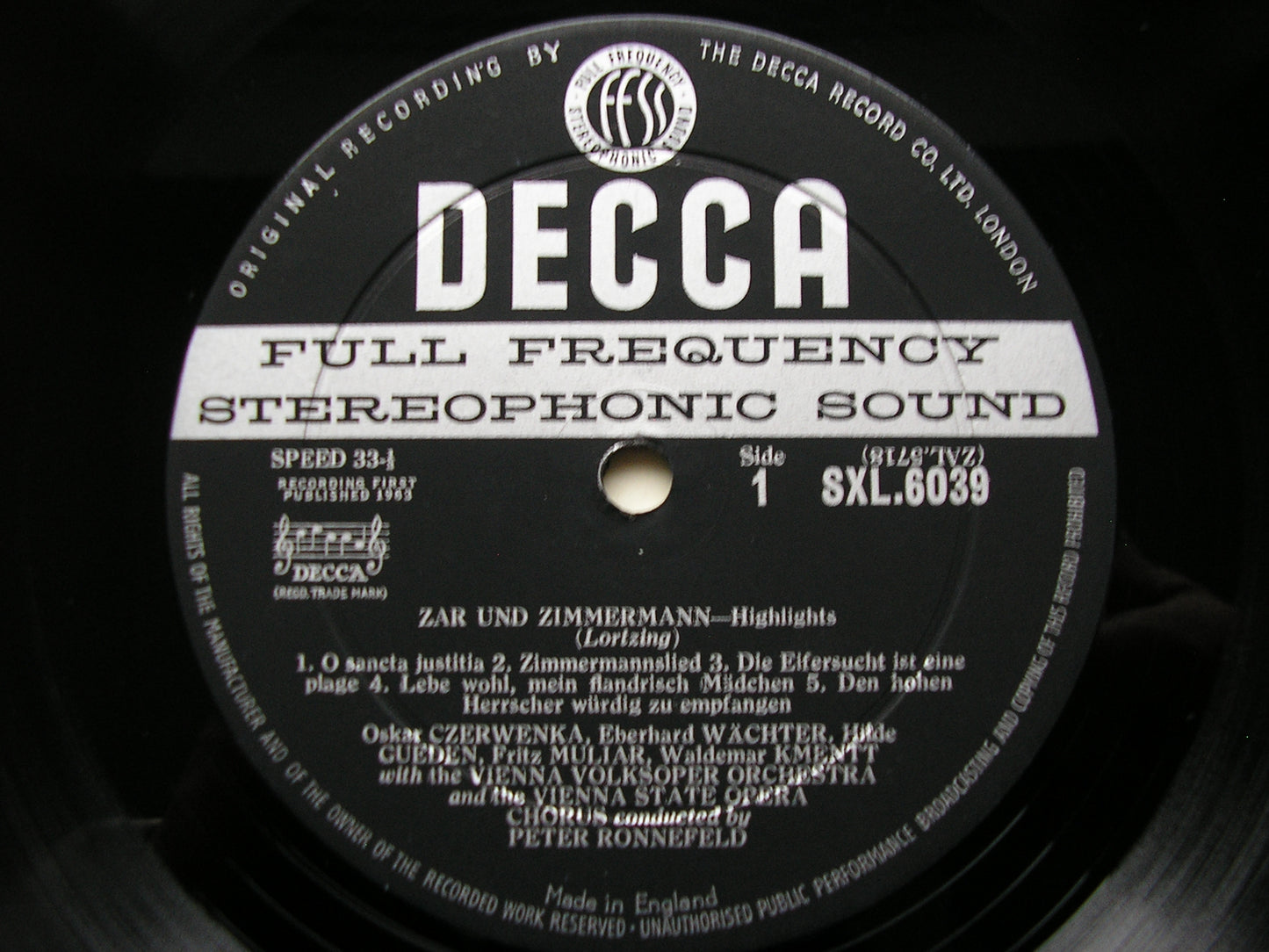 SXL 6039  LORTZING: ZAR & ZIMMERMANN / DER WAFFENSCHIED   excerpts    GUEDEN / WAECHTER / VIENNA VOLKSOPER / RONNEFELD      ED1