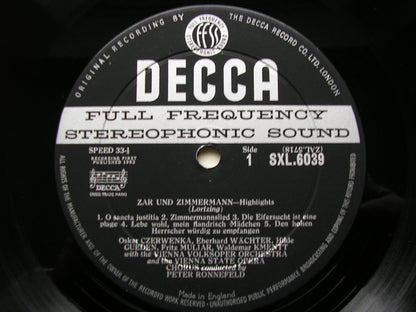 SXL 6039  LORTZING: ZAR & ZIMMERMANN / DER WAFFENSCHIED   excerpts    GUEDEN / WAECHTER / VIENNA VOLKSOPER / RONNEFELD      ED1