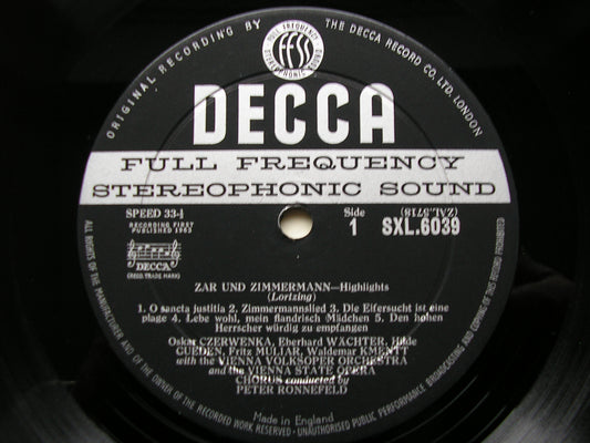 SXL 6039  LORTZING: ZAR & ZIMMERMANN / DER WAFFENSCHIED   excerpts    GUEDEN / WAECHTER / VIENNA VOLKSOPER / RONNEFELD      ED1