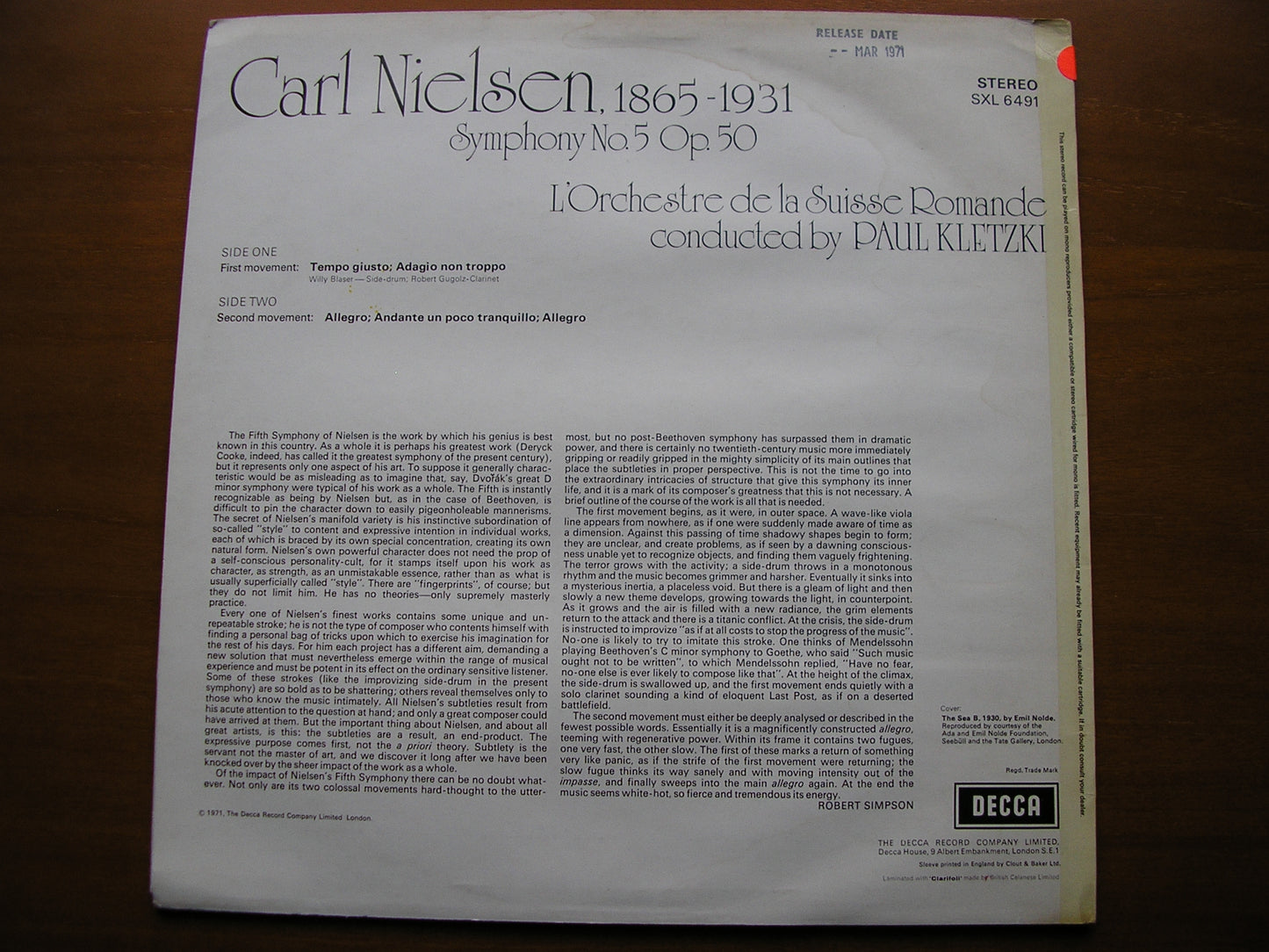 NIELSEN: SYMPHONY No. 5      KLETZKI / SUISSE ROMANDE    test pressing      SXL 6491