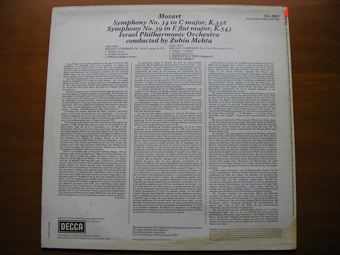 MOZART: SYMPHONIES Nos. 34  &  39      MEHTA / ISRAEL PHILHARMONIC   test pressing     SXL 6833