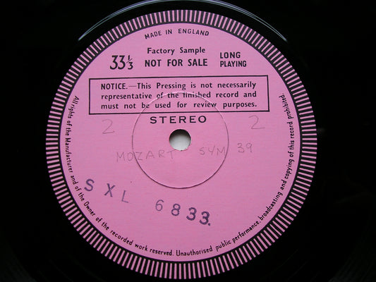 MOZART: SYMPHONIES Nos. 34  &  39      MEHTA / ISRAEL PHILHARMONIC   test pressing     SXL 6833