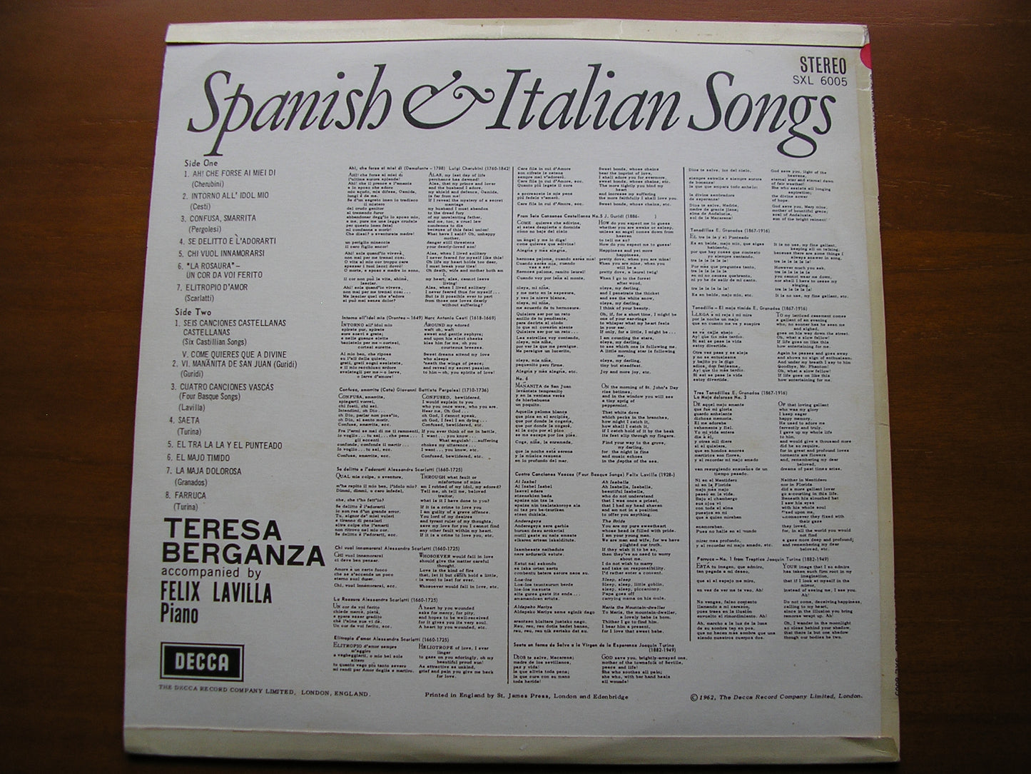 TERESA BERGANZA SINGS SPANISH & ITALIAN SONGS      BERGANZA / LAVILLA     test pressing     SXL 6005