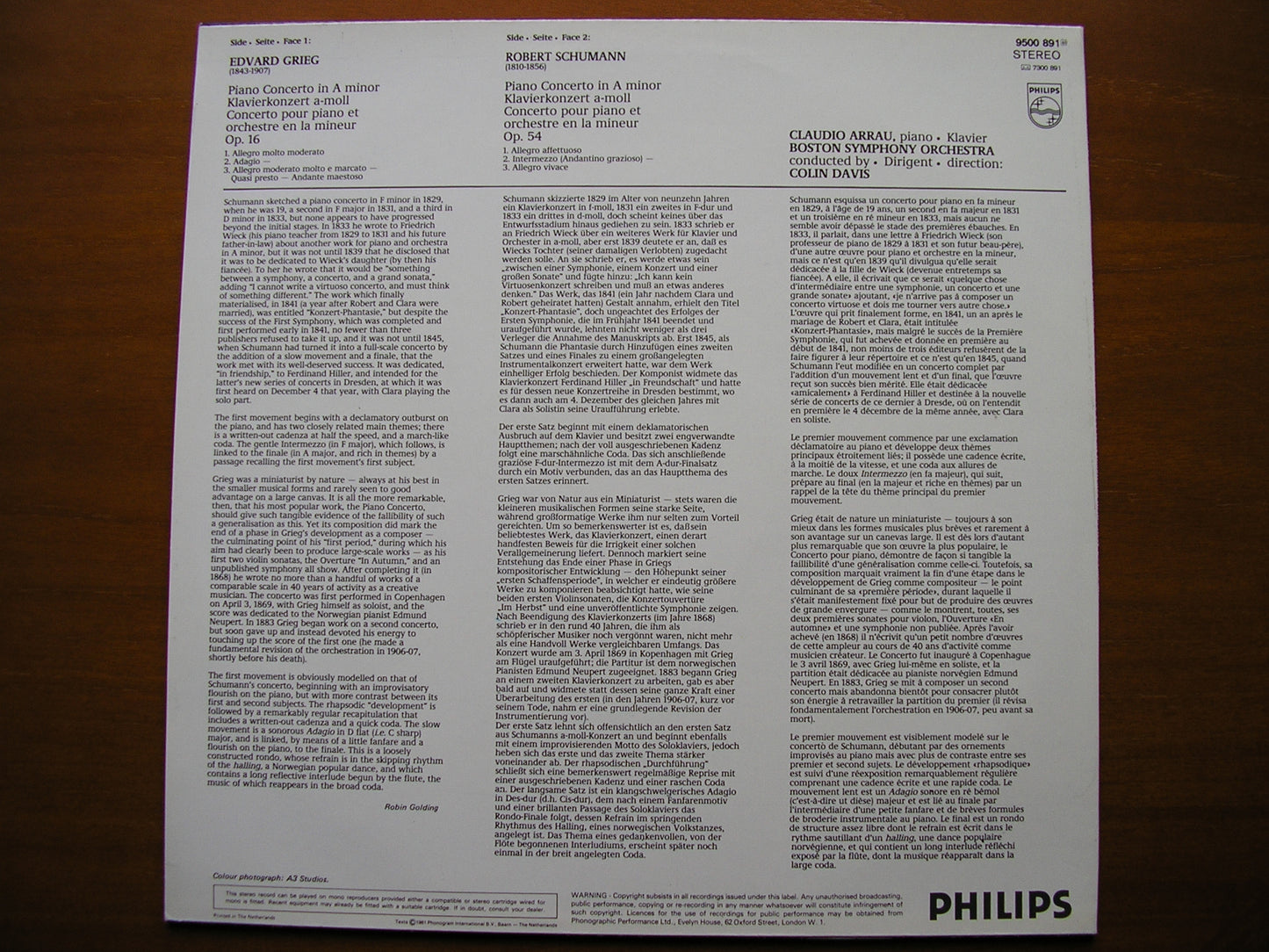GRIEG & SCHUMANN: PIANO CONCERTOS       ARRAU / BOSTON SYMPHONY / DAVIS      9500 891