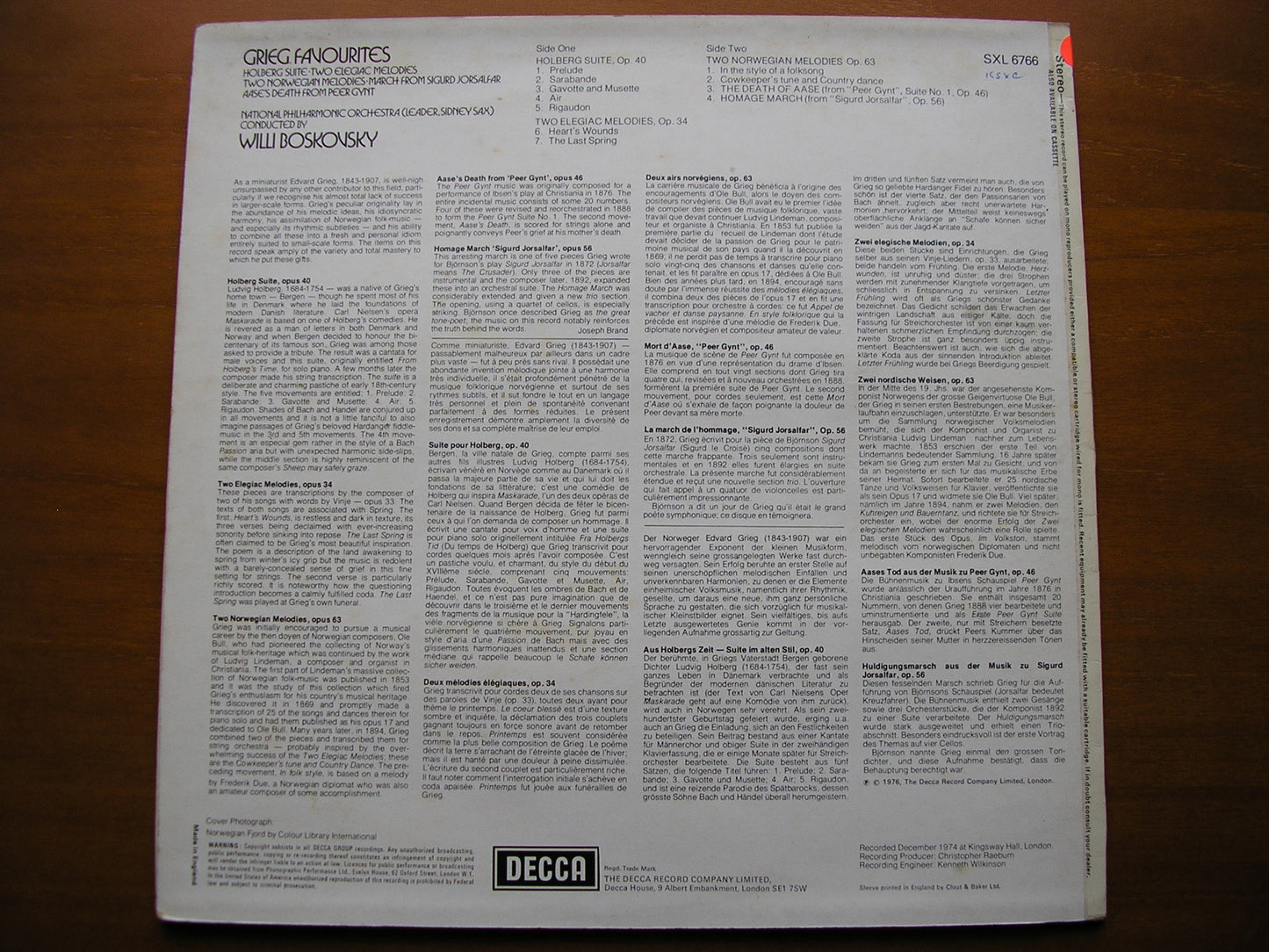 GRIEG: HOLBERG SUITE / ELEGAIC MELODIES / NORWEGIAN MELODIES     BOSKOVSKY / NATIONAL PHILHARMONIC     test pressing      SXL 6766