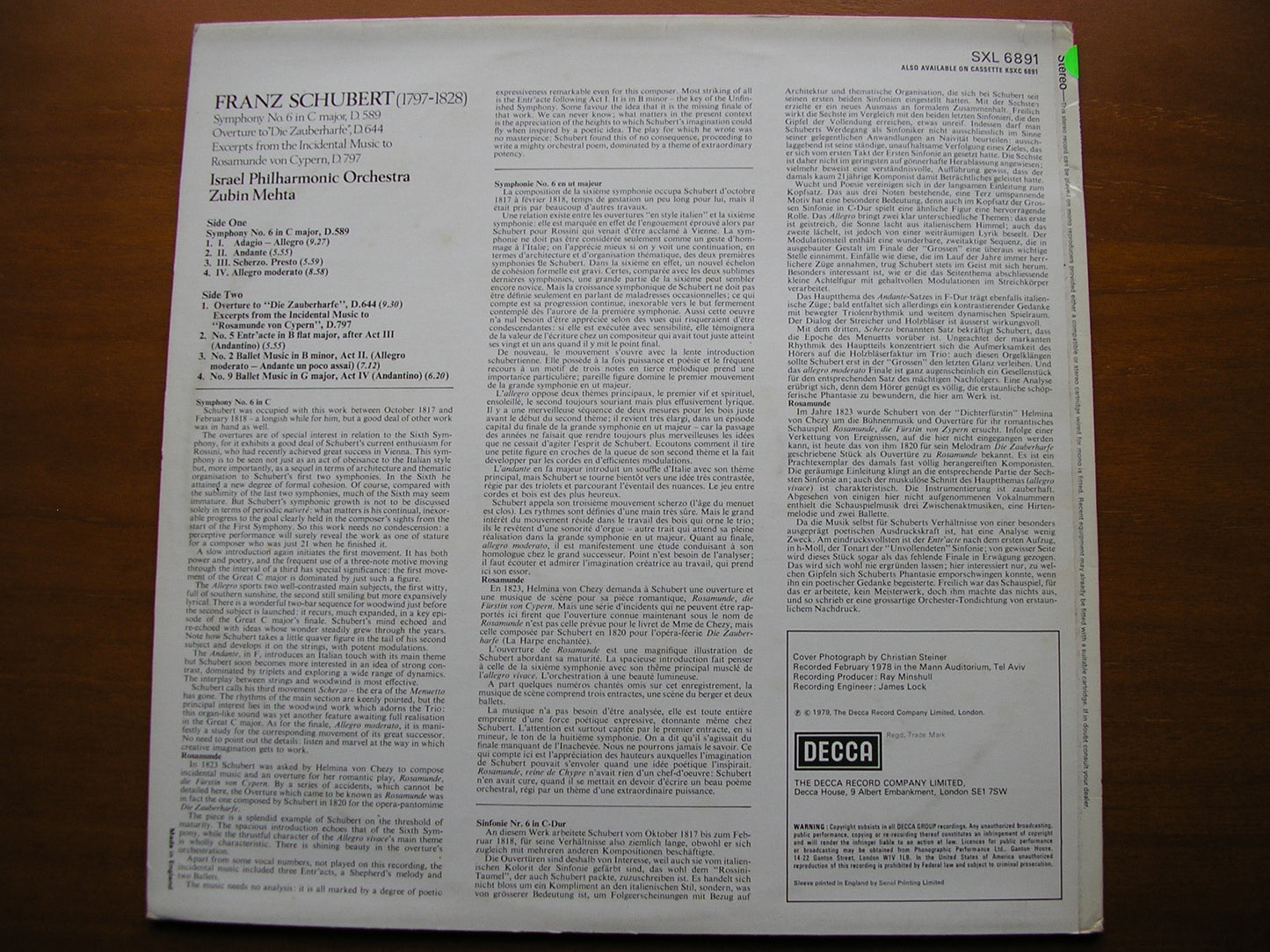 SCHUBERT: SYMPHONY No. 6 / ROSAMUNDE      MEHTA / ISRAEL PHILHARMONIC    test pressing    SXL 6891
