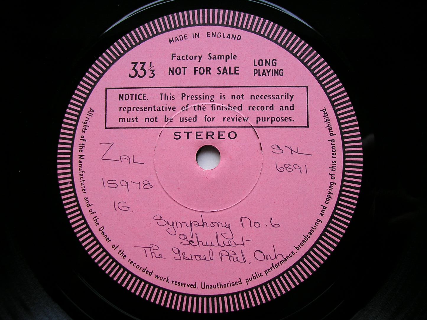 SCHUBERT: SYMPHONY No. 6 / ROSAMUNDE      MEHTA / ISRAEL PHILHARMONIC    test pressing    SXL 6891