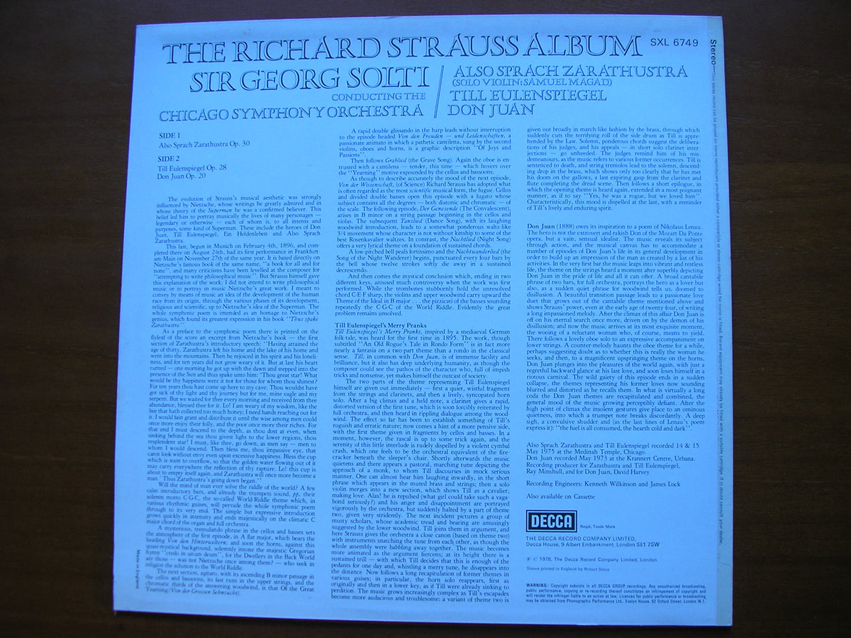 STRAUSS: DON JUAN / ALSO SPRACH ZARATHUSTRA / TILL EULENSPIEGEL      SOLTI / CHICAGO SYMPHONY     SXL 6749