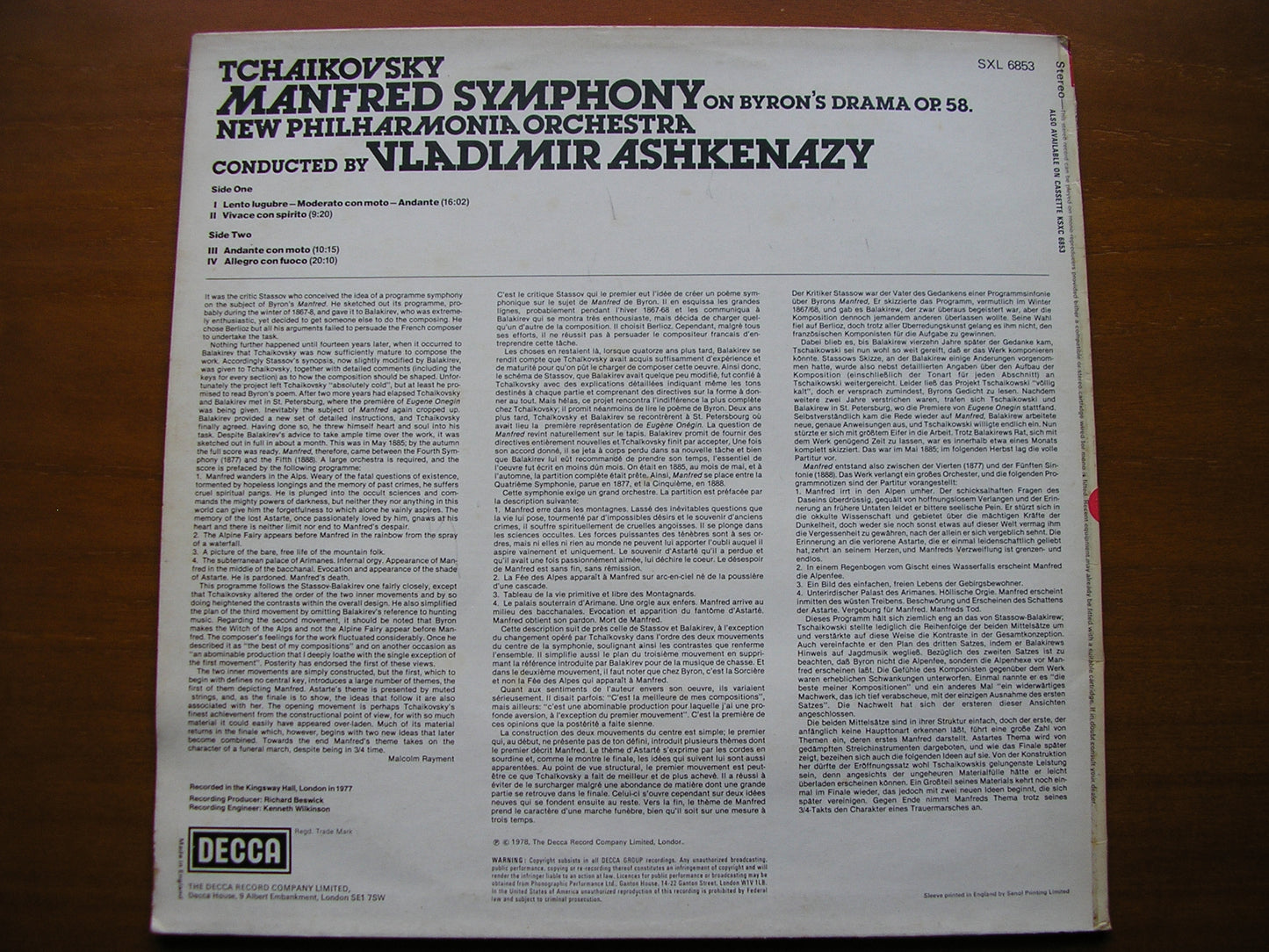 TCHAIKOVSKY: MANFRED     ASHKENAZY / NEW PHILHARMONIA     test pressing    SXL 6853
