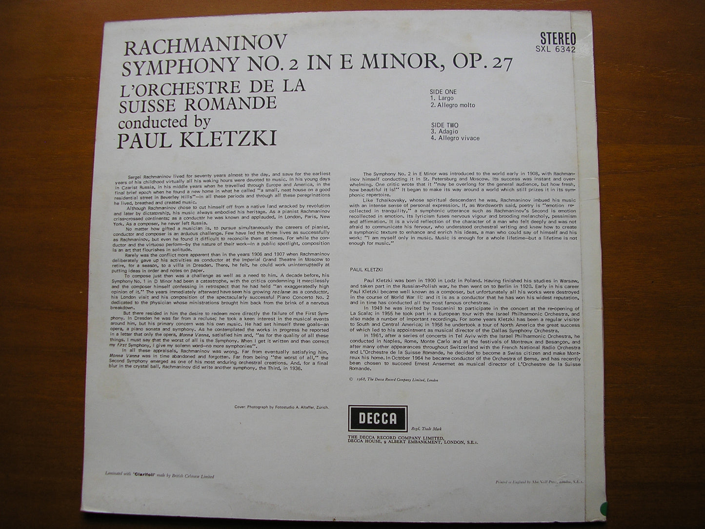 RACHMANINOV: SYMPHONY No. 2      KLETZKI / SUISSE ROMANDE       SXL 6342