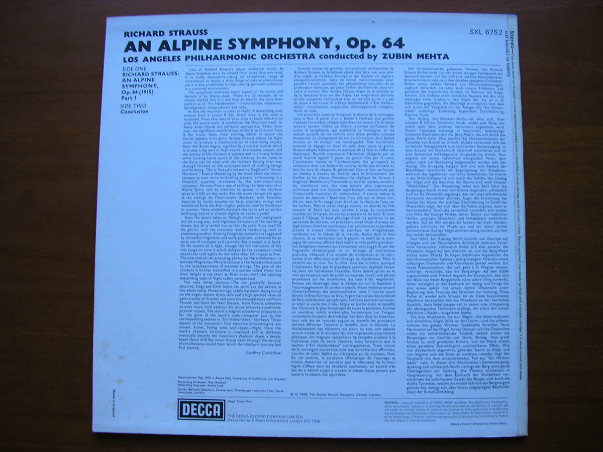 STRAUSS: AN ALPINE SYMPHONY       MEHTA / LOS ANGELES PHILHARMONIC     SXL 6752