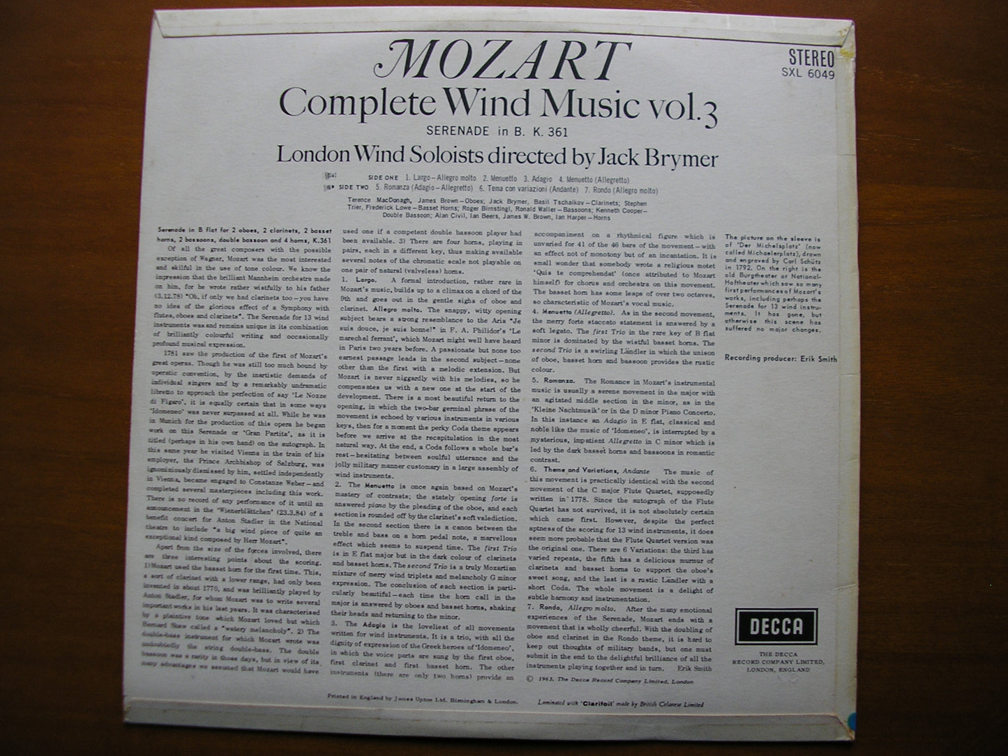 SXL 6049  MOZART: COMPLETE WIND MUSIC Volume 3     BRYMER / LONDON WIND SOLOISTS      ED1
