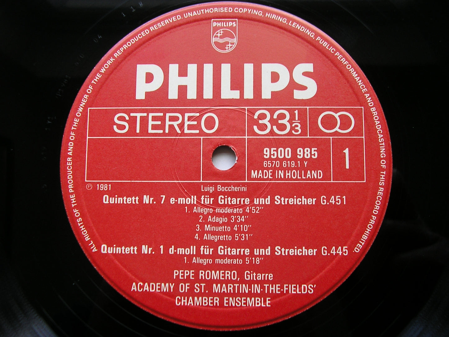 BOCCHERINI: GUITAR QUINTETS  Nos. 1 / 2 / 7        ROMERO / ACADEMY OF St MARTIN IN THE FIELDS      9500 985