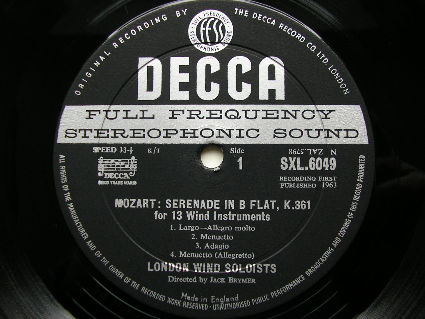SXL 6049  MOZART: COMPLETE WIND MUSIC Volume 3     BRYMER / LONDON WIND SOLOISTS      ED1