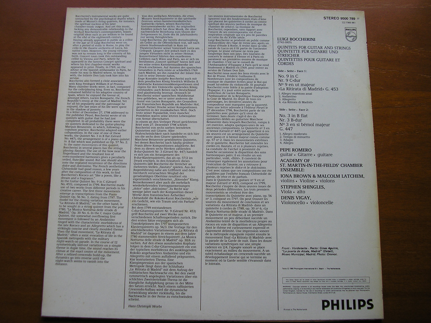 BOCCHERINI: GUITAR QUINTETS Nos. 3 & 9     ROMERO / ACADEMY OF SAINT MARTIN IN THE FIELDS       9500 789