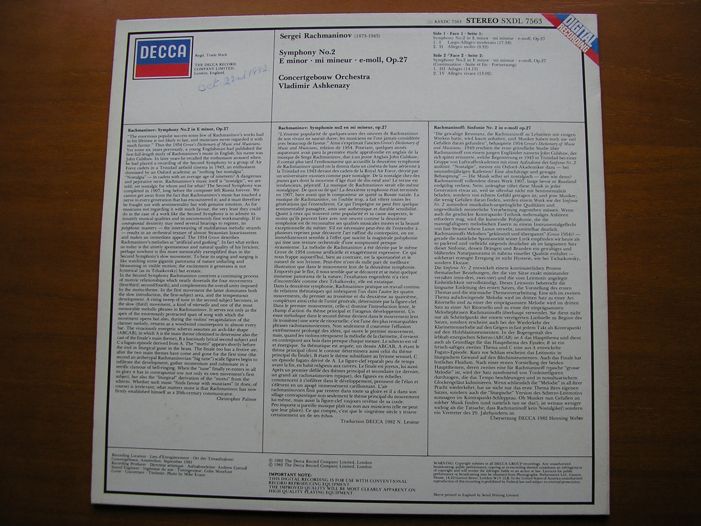 RACHMANINOV: SYMPHONY No. 2       ASHKENAZY / CONCERTGEBOUW ORCHESTRA     SXDL 7563