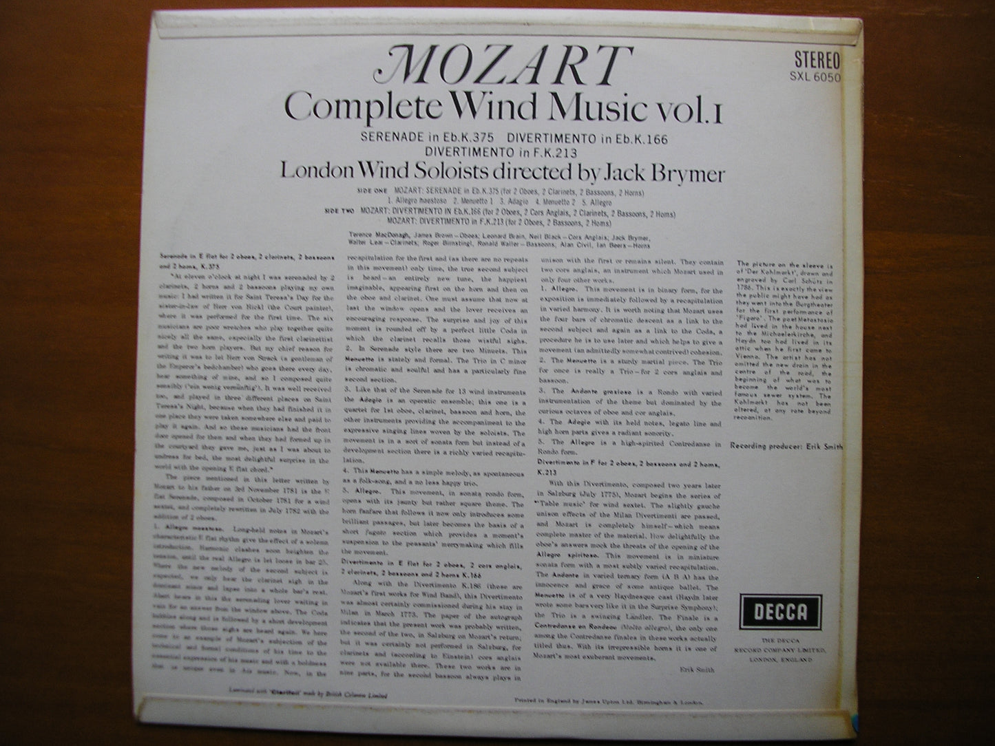 SXL 6050  MOZART: COMPLETE WIND MUSIC Volume 1       BRYMER / LONDON WIND SOLOISTS      ED1