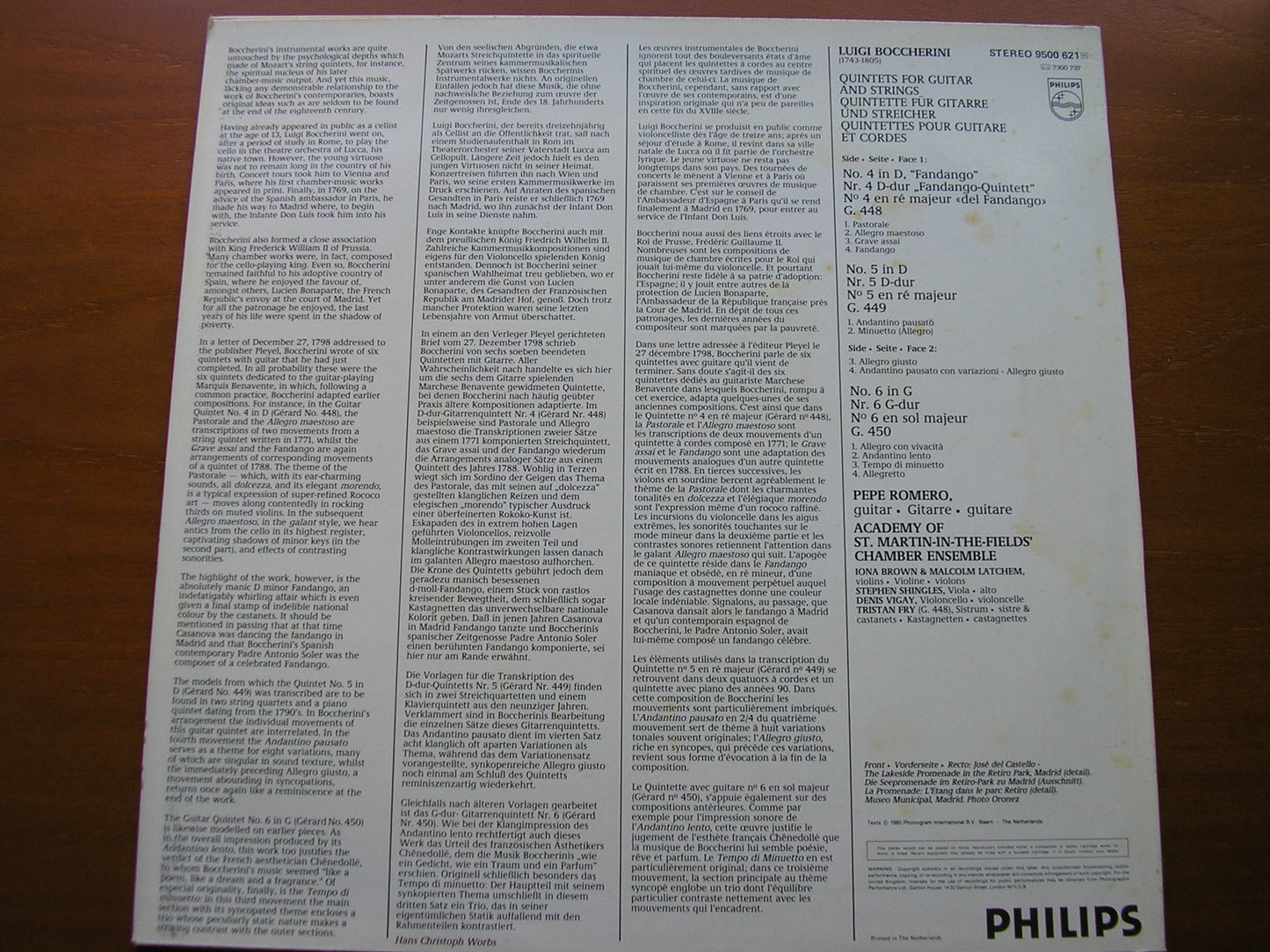 BOCCHERINI:  GUITAR QUINTETS Nos. 4 / 5 / 6        ROMERO / ACADEMY OF St MARTIN IN THE FIELDS      9500 621