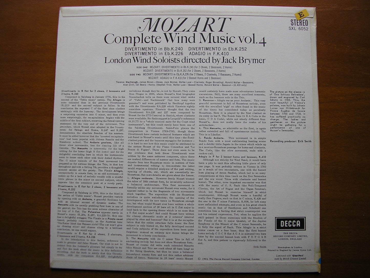 SXL 6052  MOZART: COMPLETE WIND MUSIC Volume 4      BRYMER / LONDON WIND SOLOISTS        ED1