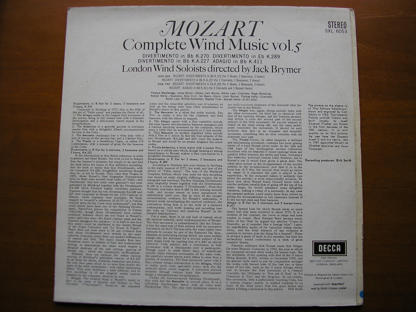 SXL 6053  MOZART: COMPLETE WIND MUSIC Volume 5      BRYMER / LONDON WIND SOLOISTS      ED1